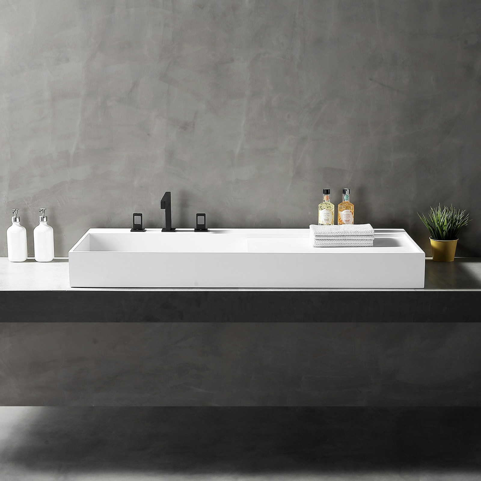 Wall Mounted Or Countertop Bathroom Basin Twg222 Of Solid Surface With Storage Space 120 X 50