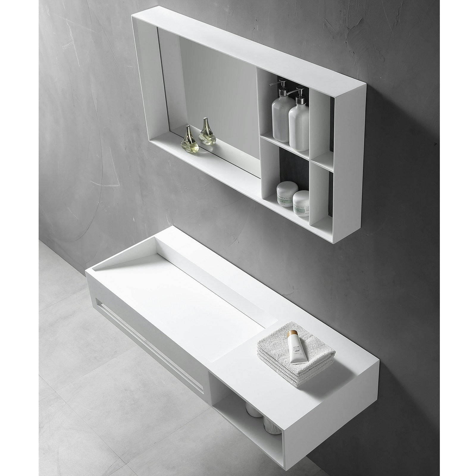 Wall Mounted Bathroom Basin Twg62 Of Solid Surface With Storage Space And Towel Rack Width Selectable